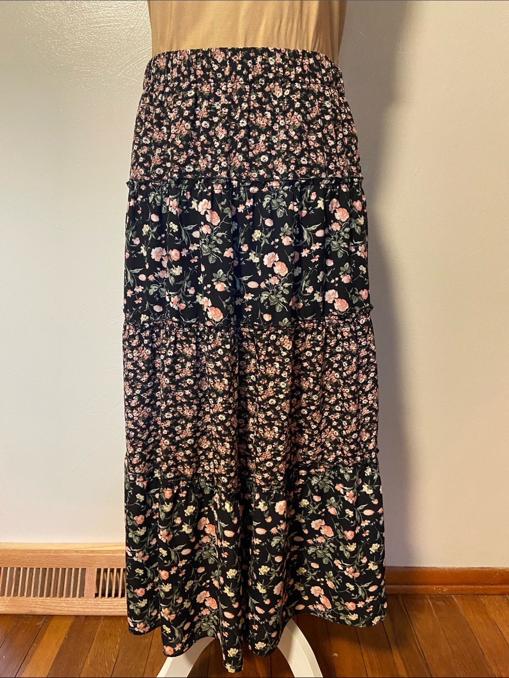 Floral Tiered Maxi Skirt - Black with Pink Floral M